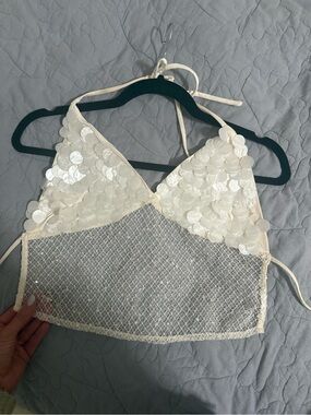 12th Tribe White Sequin Mesh Halter Crop Top